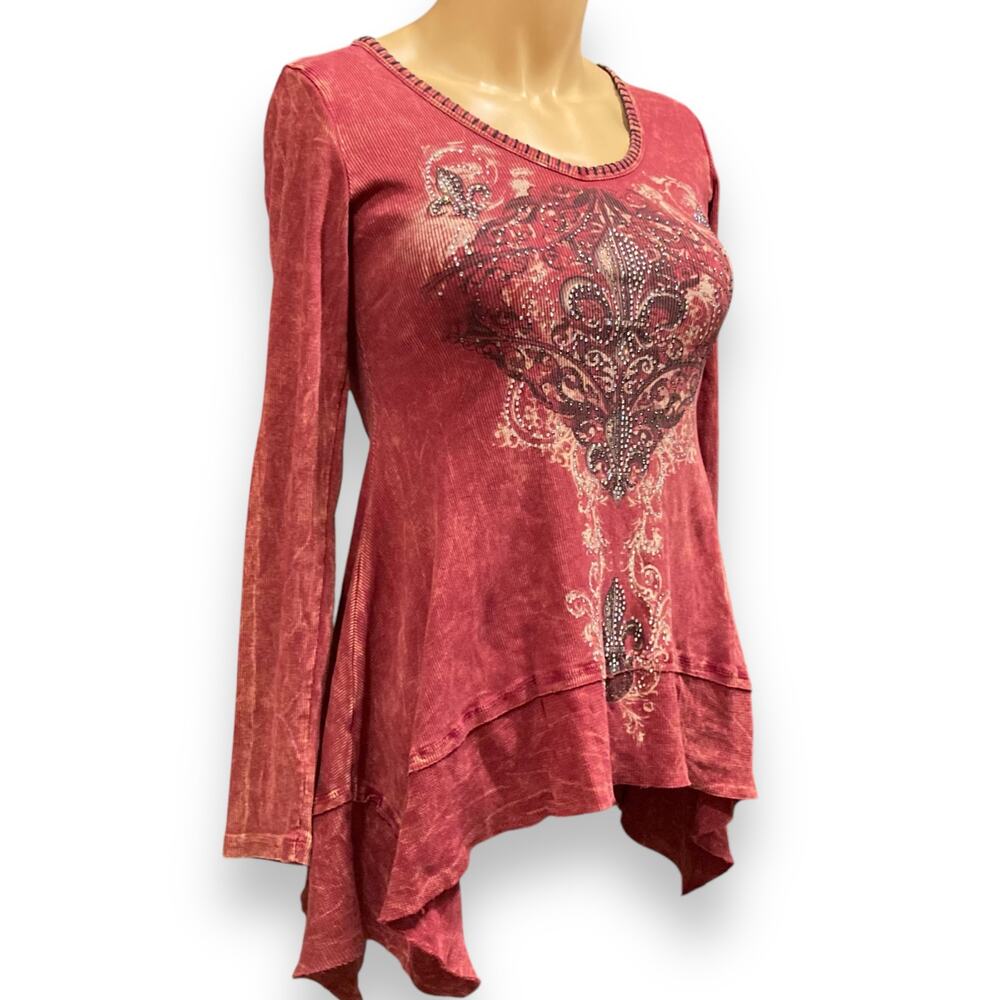 Vocal Maroon Rhinestone Ribbed Tunic Sz Small - Picture 4 of 16